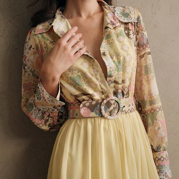 Yellow Boho Women's Floral Print Sleeve Cinched Waist Maxi Dress - Picture 2 of 7